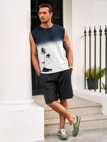 Runcati Men's Graphic Tank Top - Sleeveless Palm Tree Gradient Tee, Large White