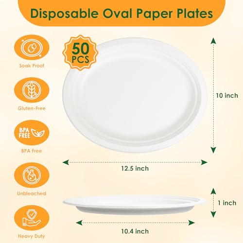 Off-White 12.5 Inch Compostable Paper Plates - 50 Pack Eco-Friendly Bagasse Platters
