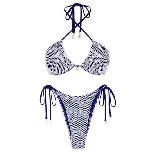 ZAFUL Women's Bikini Set Fishnet Triangle Tie Convertible Collar Halter Bandeau Shell Two Piece Bathing Suit