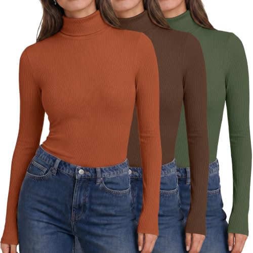 Ekouaer 3 Pack Women's Turtleneck Tops - Large Brown Caramel Army Green