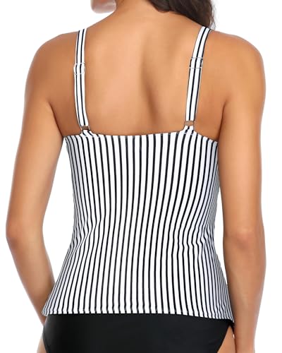 Women’s Ruffle V-Neck Tankini Top - Tummy Control Swimsuit, Medium, Black & White Stripes