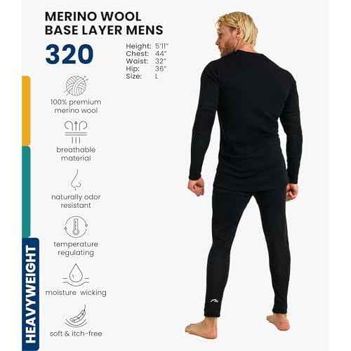 Merino.tech Merino Wool Base Layer Mens Set - Heavyweight, Midweight, Lite Merino Wool Thermal Underwear For Men Top, Bottom