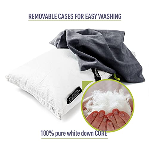 Gray Charcoal Down Filled Camping Pillow for Travel & Support, Washable Cover, Small Lightweight Cushion