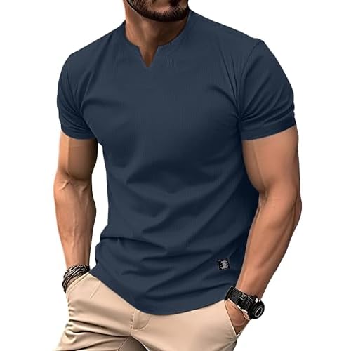 PLEPAN Mens Muscle T Shirts V Neck Short Sleeve Henley Shirt Hipster Longline Gym Workout Athletic Tee Shirts