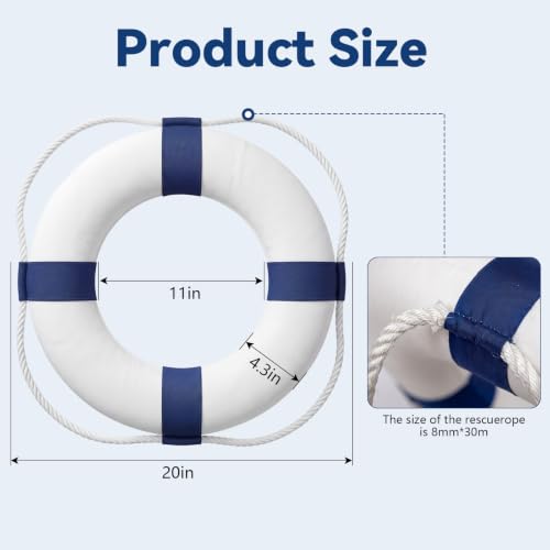 White-Blue 20 Inch Life Preserver Ring with 98.4ft Floating Rope - Pool & Boat Safety Float - Throwable Lifebuoy Set