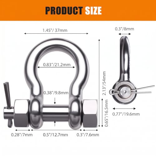 Silver Bow Shackle with Cotter Pin - 5/16 inch Marine-Grade Stainless Steel