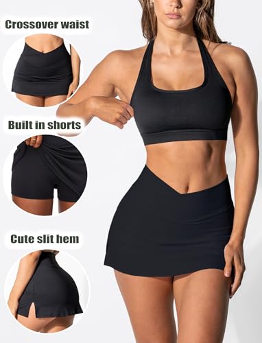 High Waisted Golf Skort for Women - Bodycon Mini Tennis Skirt with Shorts, Black, Small