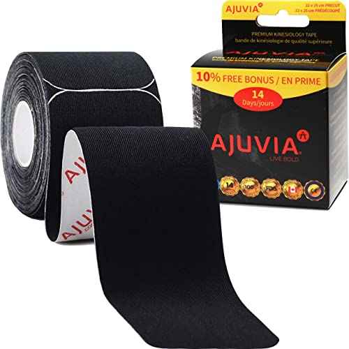 AJUVIA Synthetic Kinesiology Tape, 1 Roll, 10% Bonus, 20 + 2 Precut Strips, Lasts up to 14 Days, Hypoallergenic and Waterproof K Tape for Muscle Pain Relief and Joint Support