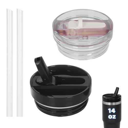2 PACK 14 Oz Leak Splash Proof Lid, 14 Oz Tumbler Detachable Flip Straw Lid Replacement Accessories, Reusable Spill Proof Screw on Flip Straw Tumbler Cover (Black, Rose Quartz)