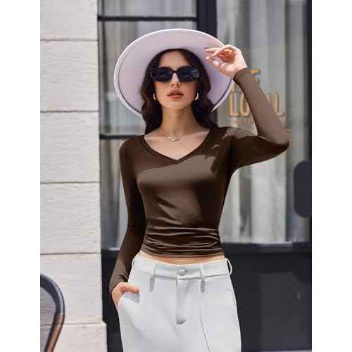 Ekouaer Womens 3 Pack Long Sleeve Shirts V Neck Ribbed Slim Fit Basic Tops Thermal Undershirts Casual Tee XS-XXL