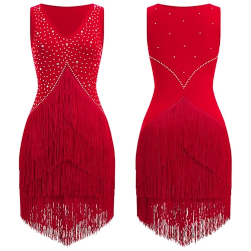 Red Rhinestones Fringe Tassel Latin Dance Dress for Women Competition Ballroom Salsa Flapper - Large
