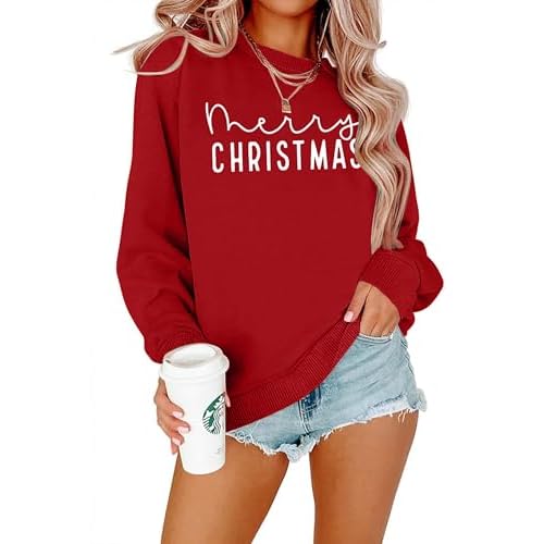 Merry Christmas Sweatshirts Women Classic Merry Letter Print Sweatshirts Xmas Holiday Party Pullover Blouse