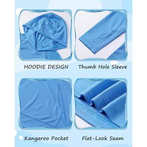 Boys Rash Guard Hoodie, Kids Long Sleeve Sun Protection Hooded Shirts Youth UPF50+ Swim Fishing Water Shirt with Pocket