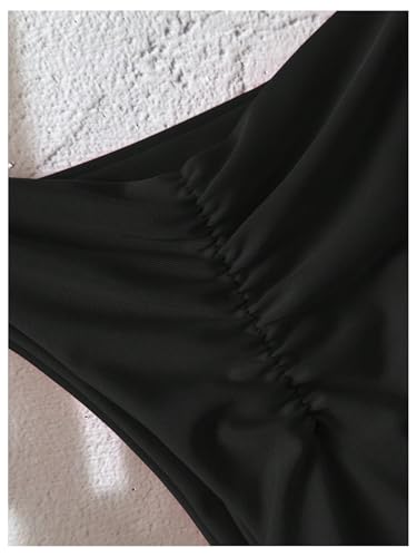 Women's High Cut Thong Bikini Bottom Small Black Ruched Swimsuit Bottom