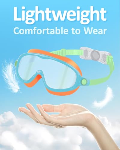 Kids Swim Goggles Anti-Fog UV Protection Wide View with Swim Cap - Yellow & Green