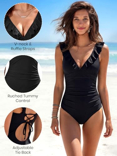 Women's V Neck Tummy Control One-Piece Swimsuit - Flattering Bathing Suit