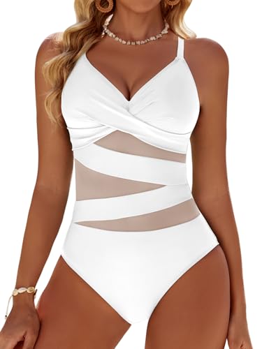 Mesh Cutout One-Piece Swimsuit - Push Up Tummy Control, Medium White