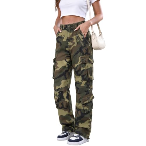 Women's Cargo Pants - Regular 27-29 Inch, 9 Pockets, Camo Work & Hiking Pants - Grassland Camouflage