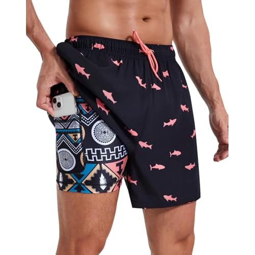 Mens Swim Trunks with Compression Liner 5" Stretch Beach Shorts 2 in 1 Quick Dry with Zipper Pockets Board Shorts