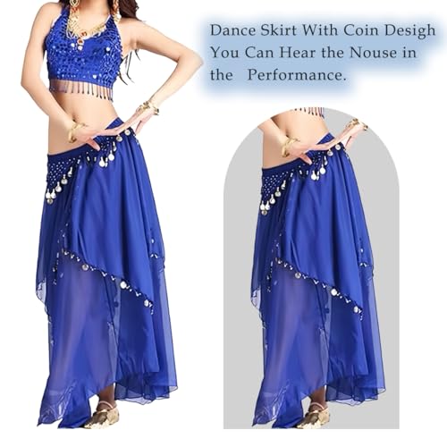 Women's Chiffon Belly Dance Skirt with Coins - Blue Variation