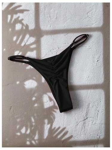 Women's High Cut Thong Bikini Bottom Small Black Ruched Swimsuit Bottom