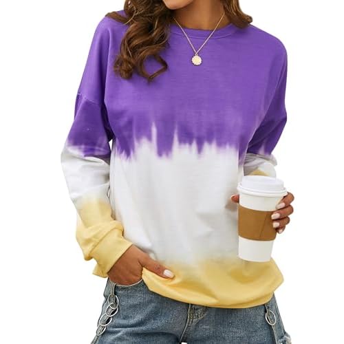 Dresswel Women's Oversized Crew Neck Tie Dye Sweatshirts with No Hood Plus Size Casual Color Block Long Sleeve Pullover Tops