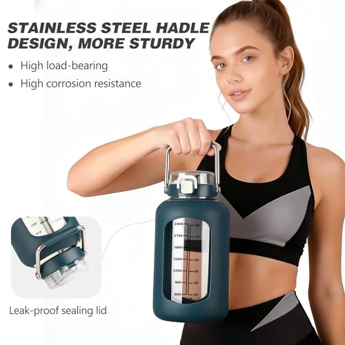 Large 100oz Glass Water Bottle with Time Marker & Silicone Sleeve - Dark Blue