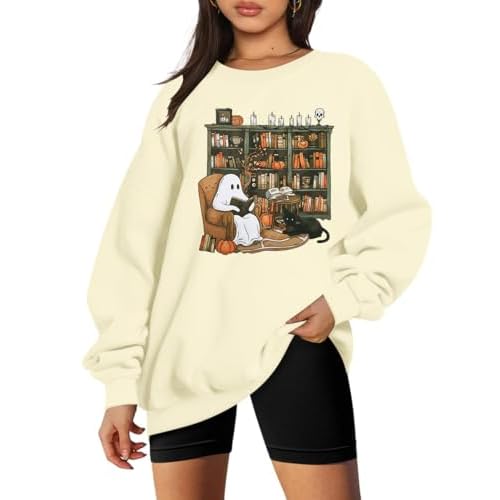 KIDDAD Halloween Sweatshirt for Women Ghosts Reading Books Graphic Long Sleeve Sweater Cute Spooky Bookish Shirts