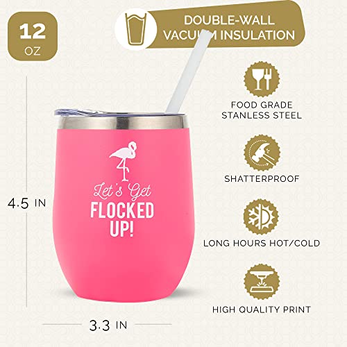 Pink Flamingo 12oz Flocked Wine Tumbler with Lid & Straw - Birthday Gift