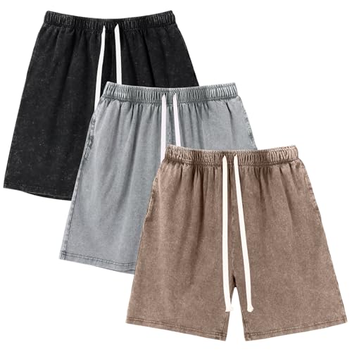 Gihuo Mens Sweat Shorts Cotton Athletic Shorts Vintage Acid Wash Drawstring XXL Blacklight Grey Khaki