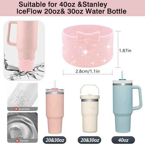 Cup Accessories Set for Stanley,Including 2Pcs Cute Glitter Bow Straw Cover Caps 10mm Reusable Straw Toppers,1Pcs Silicone Boot Sleeve and 1Pcs Handle Charm for Stanley Tumbler 30&40oz,Glitter Pink