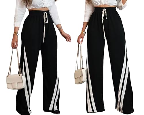 Women's Wide Leg Striped Drawstring Track Pants - Large Black Sweatpants