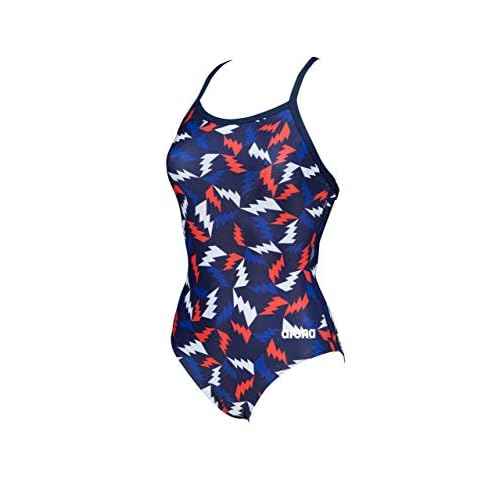 ARENA Women's Print Light Drop Back MaxLife One Piece Athletic Training Swimsuit, Lightning Colors Navy/Red, 28