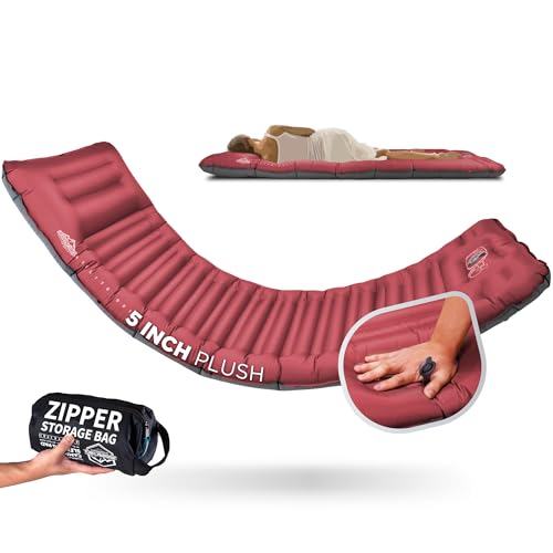 Camping Sleeping Pad with Built-In Pump & Pillow - Chili Pepper Edition, 5-Inch Thick, Ultralight Inflatable Mat for Hiking & Backpacking