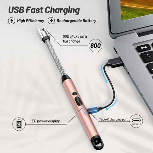 Electric Candle Lighter, Safty Lock, USB Type-C Port, Rechargeable Lighter, Windproof Flameless, Led Display, for Home Kitchen (Rose Gold)