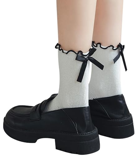 Women's Bow Socks Ruffle Crew Socks - Black & White, 4 Pairs, One Size