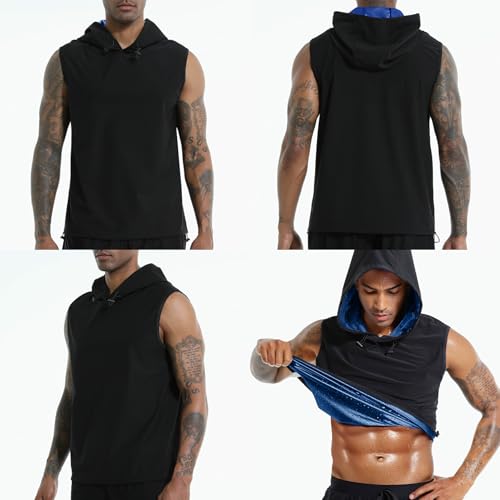 Sauna Shirt for Men - Heat Trapping Workout Vest with Hood - Black-Blue XL
