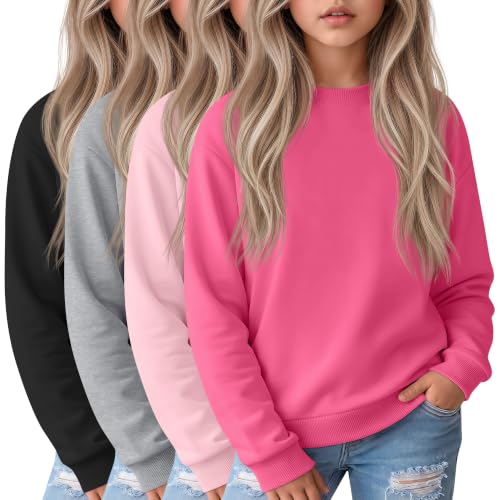 Girls' Crew Neck Long Sleeve Sweatshirt Set - 5-6 Years, Rose Red Pink Light Gray Black, 4 Pack