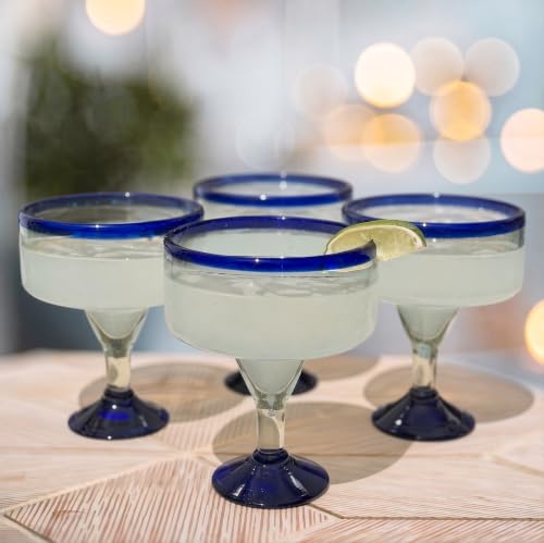 Mexican Hand Blown Margarita Glasses Set of 4 - 16 oz Traditional Blue Rim