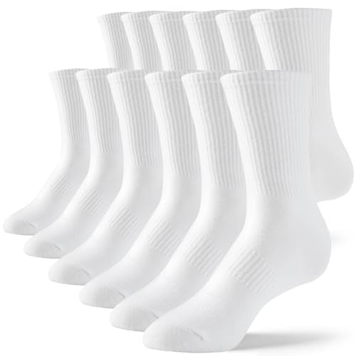 Very Thin Men's Mid Crew Socks - White, 10-13 Size, Breathable & Arch Support - 6 Pairs