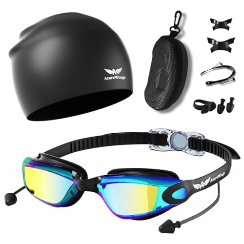 7 in 1 Swim Goggles + Swim Cap for Men Women,No Leak Anti-Fog & UV, Wide Visio HD Mirror PC Lens