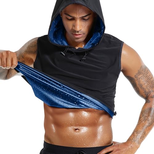 Sauna Shirt for Men - Heat Trapping Workout Vest with Hood - Black-Blue XL