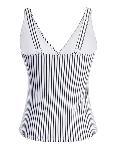 Women’s Ruffle V-Neck Tankini Top - Tummy Control Swimsuit, Medium, Black & White Stripes