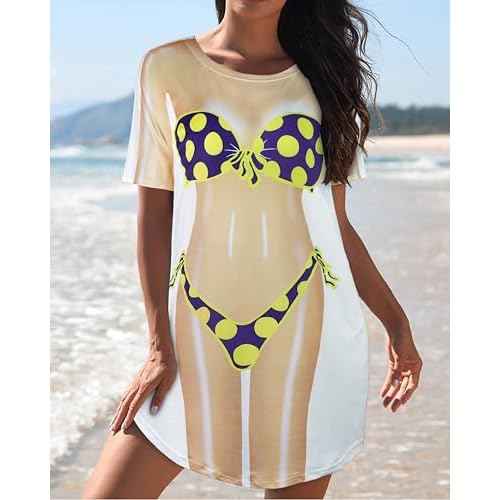 elescat Women's Beach Cover Up Bikini Printed Short Sleeve Tshirt Dress Baggy Cute Coverups