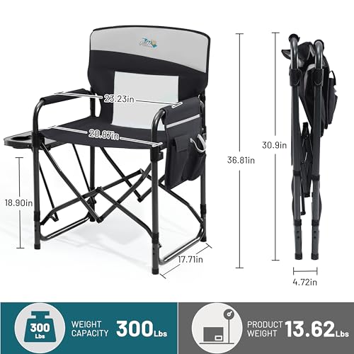DMH Outdoors Camping Directors Chair with Side Table & Breeze Mesh Backrest - Black