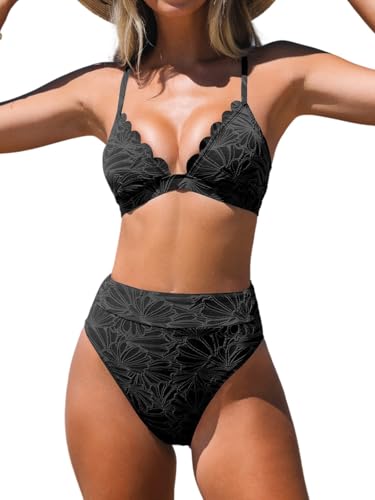 High Waisted Scalloped Bikini Set for Women - Medium Black