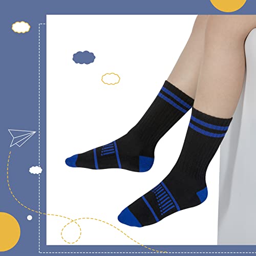 Comfoex Boys Crew Socks - Athletic Half Cushioned Calf Socks for 7-10 Years, Black - 6 Pairs