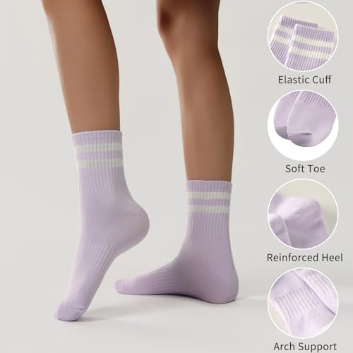 Women's Crew Socks with Cotton Stripes - 6 Pairs, Multiple Colors