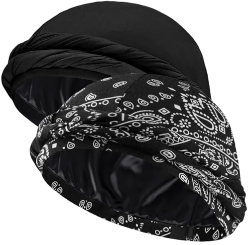 Ababalaya Satin Lined Halo Turban Wave Cap - Black/Paisley B, Upgraded