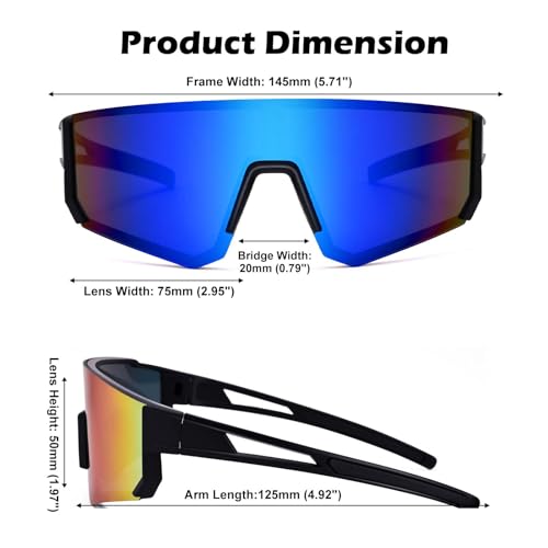 Sports Sunglasses for Men Women Running Cycling UV400 Mirror Lenses 75mm - Black/Blue